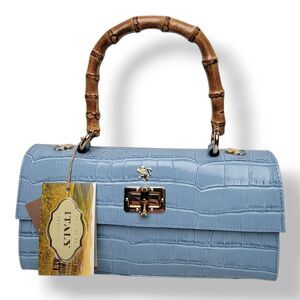 NWT Pratesi Firenze Castalia Bag Leather Blue Bamboo Baguette Purse Handbag
